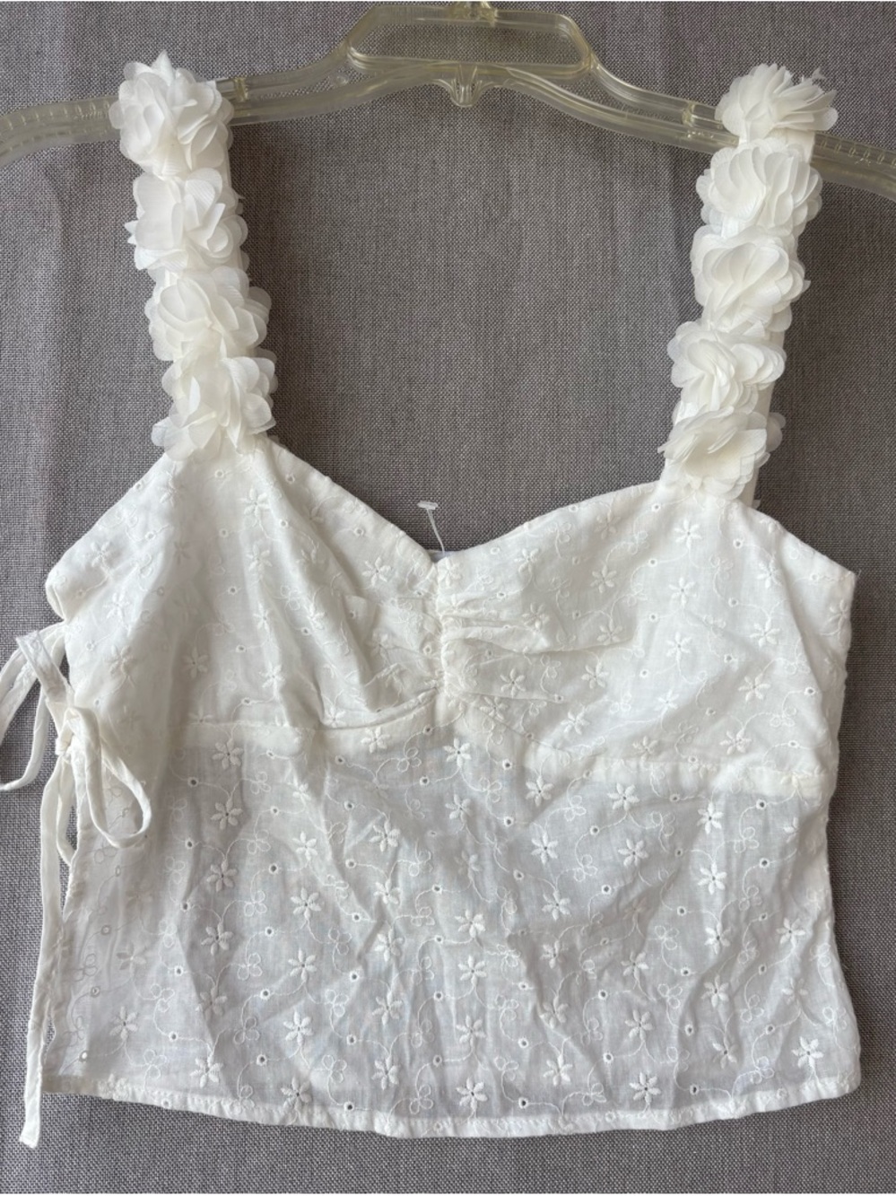 White Floral Eyelet Crop romantic Top Rosette Straps boho crop top side tie.